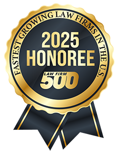 Gold and black badge with ribbon reading 2025 Honoree, Law Firm 500, Fastest Growing Law Firms in the U.S.—recognizing top Cinnaminson estate planning and business lawyers.